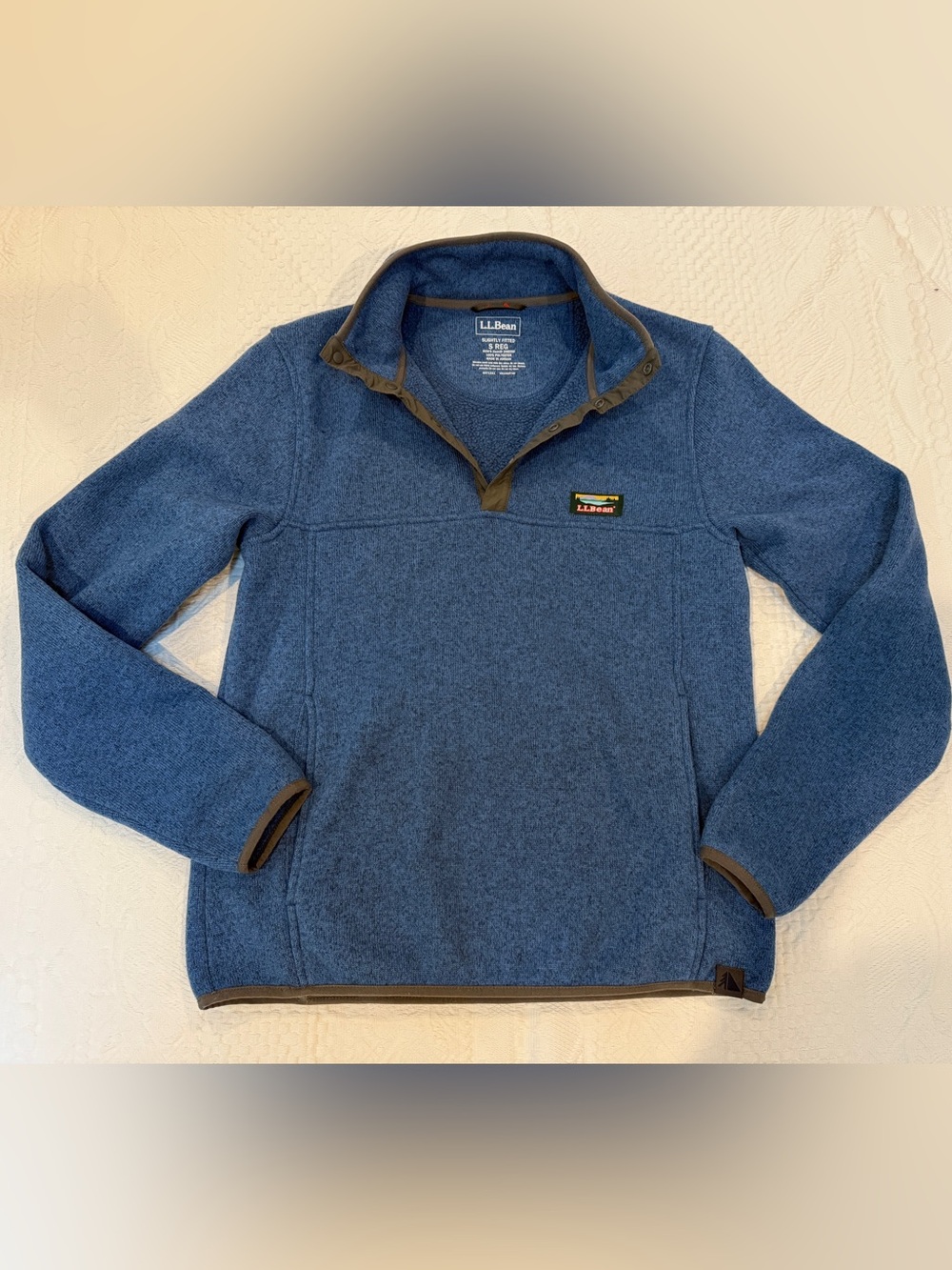 LL Bean Sweater Fleece Pullover Mens Small Blue Snap Mock Neck EUC